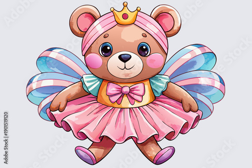 Charming watercolor teddy bear wearing tutu and crown adorable ballerina character soft pastel illustration perfect for nursery decor kids art and fairytale themes