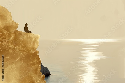 Solitary figure on golden cliff minimalist seascape