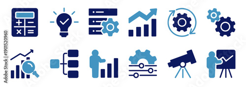 Data analytics web icons set. data processing, chart and diagram icons, server, mining, data filter, traffic, AI. Statistics, analytics,