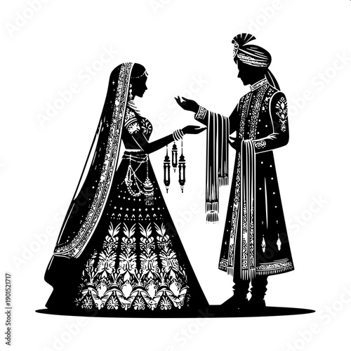 Indian wedding mandap silhouette vector, bride and groom exchanging garland, floral dome mandap roof, black and white cut file style