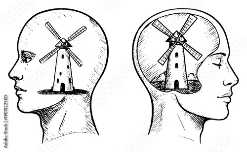Human profile with windmill inside head vector illustration, sustainable energy or green thinking concept, ecological mind and clean technology sketch