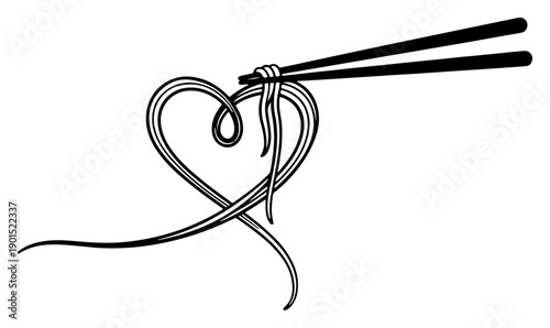 Noodle heart with chopsticks vector illustration, romantic food and pasta love concept, cute ramen or spaghetti culinary symbol for restaurant design