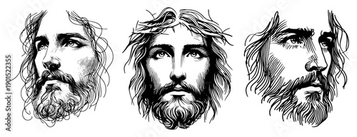 Jesus Christ face portraits set vector illustration, Christian religious spiritual art, Holy Savior or Messiah profile sketches for faith and church