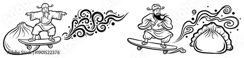 Funny Chinese characters on skateboards with dumplings vector illustration, fusion of traditional culture and urban lifestyle, monk or master skateboarding sketch