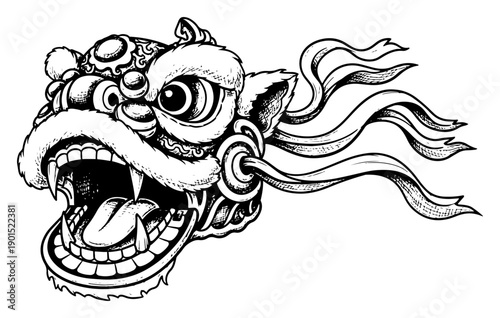 Traditional Chinese lion dance head vector illustration, ornate dragon mask for lunar new year festival, oriental ceremonial mascot line art