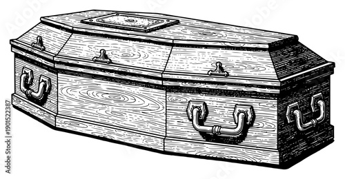 Wooden coffin casket with detailed texture vector illustration, funeral and burial memorial symbol, gothic or cemetery themed wood grain box sketch