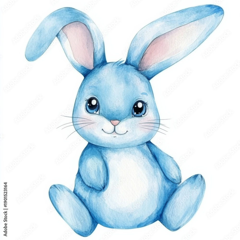 Fototapeta premium Cute cartoon blue rabbit sitting on a white background in a simple watercolor style created by AI