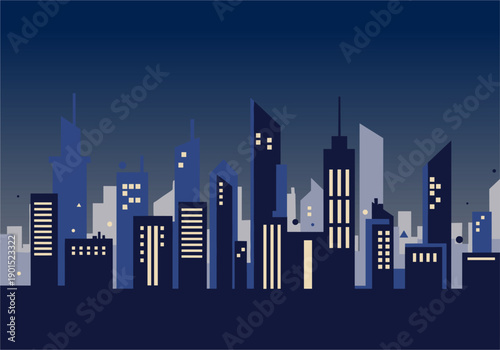 Urban Skyline Night View, Cityscape Illustration, Modern Architecture, Digital Art, Urban Environment, Aesthetic Design