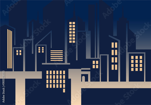 Nighttime Urban Skyline, Cityscape Illustration, Modern Architecture, Digital Art Environment, Aesthetic Viewpoint