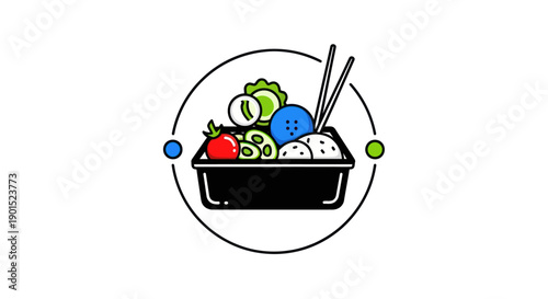 Bento box illustration with food and chopsticks