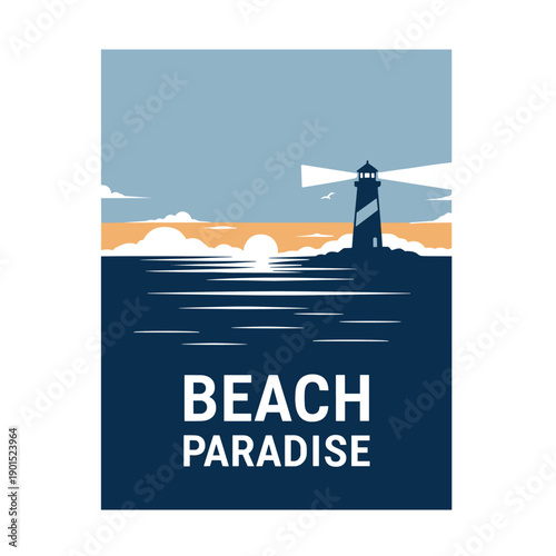 Sunset Action at Beach Paradise with Lighthouse Illustration in Tranquil Ocean Environment
