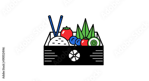 Bento box illustration with food elements