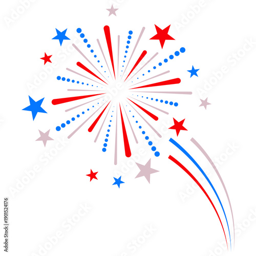Patriotic Fireworks Fourth of July Stars Red Blue 4th of July Fireworks. Patriotic fireworks icon in cartoon style isolated on white background. Patriot day symbol