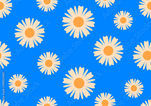 Spring blue nature background with white chamomiles. Seamless pattern with chamomile flowers on blue background
