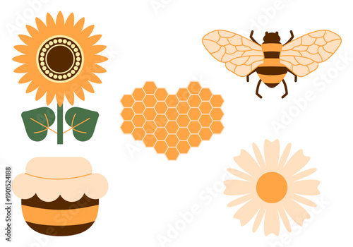 Honey and beekeeping collection. Set of bee, honey jars, hive, flower, honeycomb