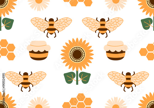 Cute cheerful honey bees, gathering nectar, caring for honeycombs and visiting flowers. Honey seamless pattern