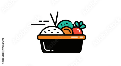 Bento box with chopsticks and various food items