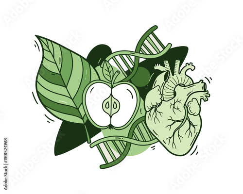 Heart, DNA, and Apple Illustration in a Green Environment