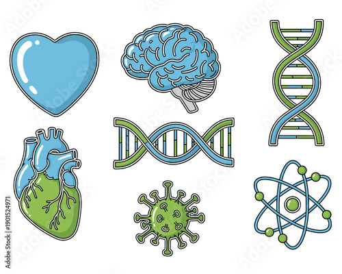 Heart, Brain, DNA, Virus, Atom Illustrations in Vibrant Colors for Educational and Creative Use