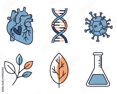 Heart, DNA, Virus, Leaf, Flask - Scientific Illustrations Depicting Health and Nature Interactions