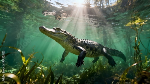 Underwater view of a small alligator swimming through clear water and aquatic plants