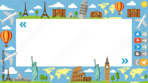 Colorful travel themed border with landmarks and transportation for kids