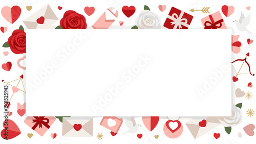 Valentines day border with hearts, roses, and gifts for love and romance