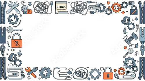 Security and protection icons border frame with various symbols and gears on for design