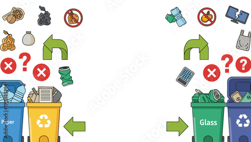 Recycling bins with correct and incorrect waste disposal examples