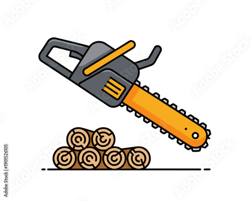 Wood Cutting, Outdoor Workshop, Illustration, Rustic Environment, Close-Up View, Lumberjack Concept