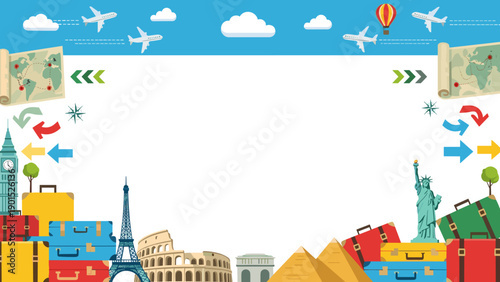 Colorful travel and tourism background with landmarks and luggage