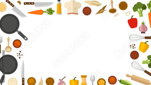 Colorful kitchen utensils and vegetables border frame for cooking or recipe design