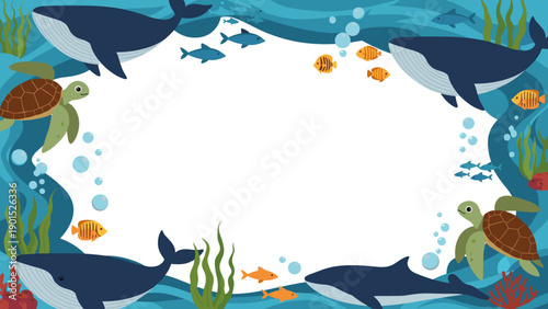 Underwater scene with sea creatures and blank space for text or design