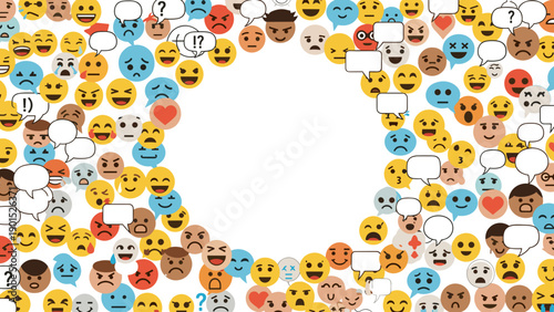 A colorful arrangement of various emojis forming a border on a with diverse facial expressions and reactions