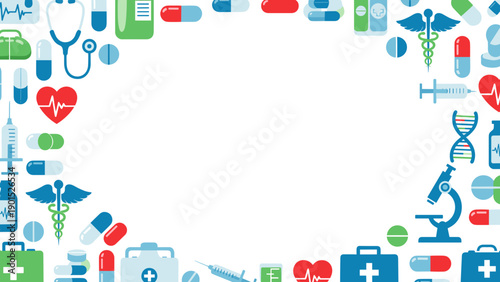 Medical icons border frame with health symbols and signs on for healthcare design