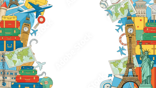 Colorful illustration of various landmarks and travel icons