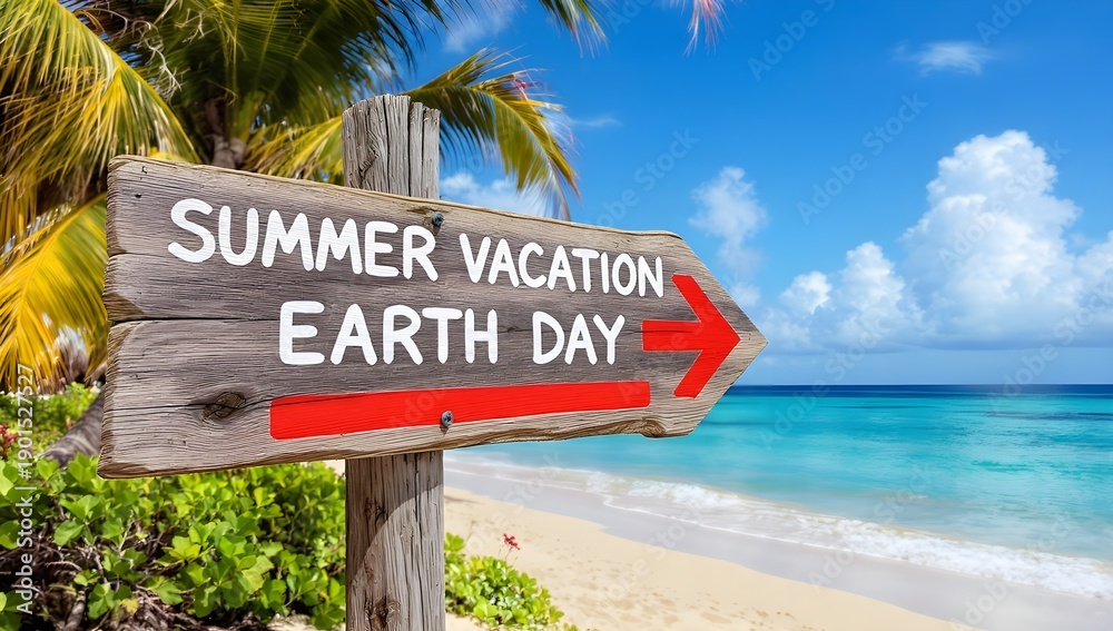 Fototapeta premium Earth Day Summer Vacation Sign on a Tropical Beach