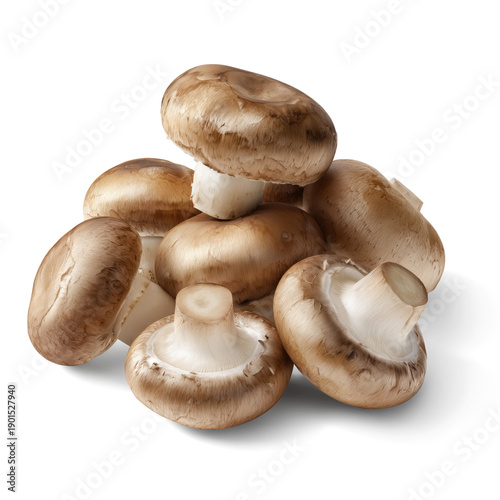 Group of brown button mushrooms lying on surface with visible stems and cast shadows. High-resolution cutout image isolated on transparent background. Edible fungi and culinary ingredient concept