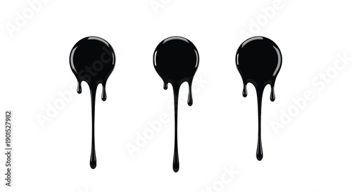 Three drops of thick black liquid paint are dripping vertically down on white.