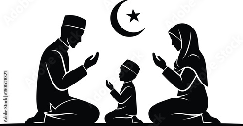 A muslim family in prayer under the crescent moon and star