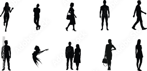 Collection of diverse human silhouettes in various poses and outfits on a white background