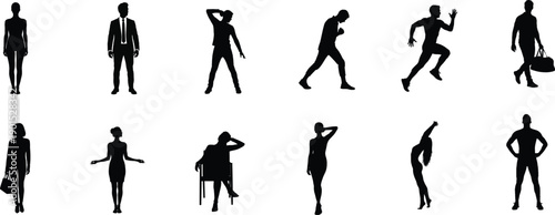 Collection of 12 black silhouettes of women in various poses and outfits on white background