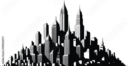 A futuristic cityscape with sleek skyscrapers and modern architecture in black and white