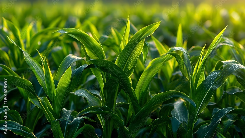 Obraz premium Sunlit Cornfield with Fresh Morning Dew