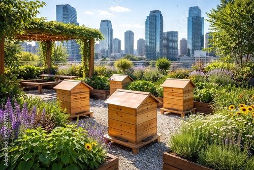 Urban beekeeping concept featuring rooftop garden beehives with lush flowers and city skyline. concept of sustainable agriculture, environmental awareness, city farming