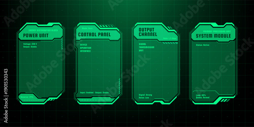 Heads up display vector graphics with futuristic control panel and power unit interface. Digital data visualization for technology.