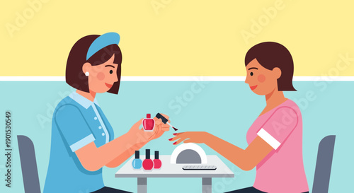Manicurist applies nail polish to a client's hand at a beauty salon.