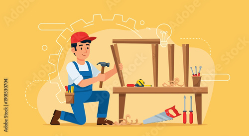 Skilled Carpenter Assembling Furniture with Tools and Measuring Tape