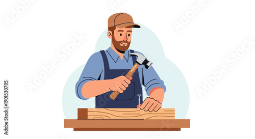 Skilled carpenter using a hammer to drive a nail into wood on a workbench