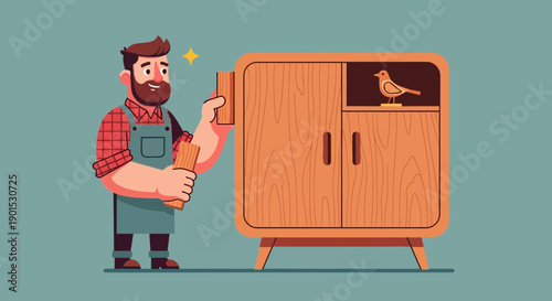 Skilled carpenter with beard assembling a wooden cabinet with decorative bird on shelf